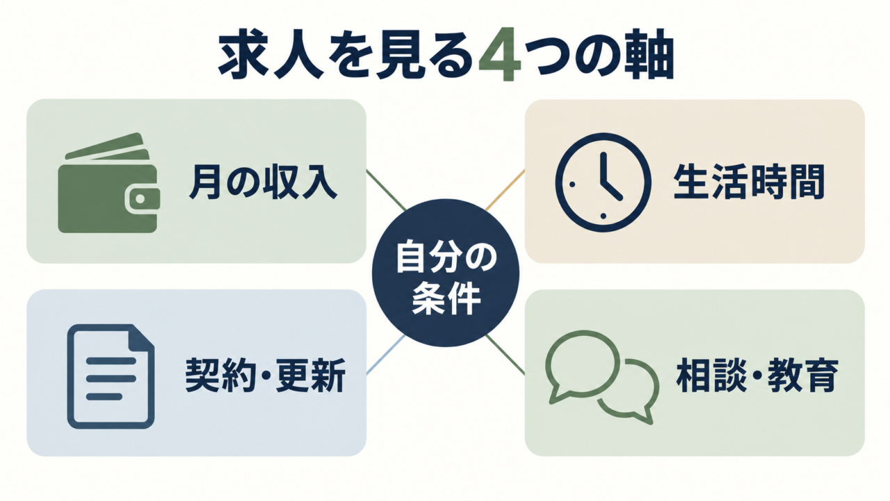月収・生活時間・契約更新・相談教育の4つの判断軸を整理した図