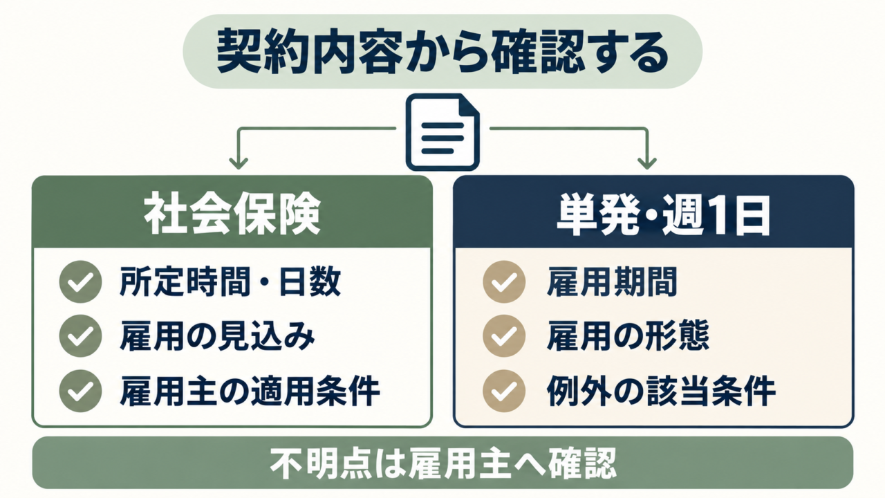 社会保険と単発勤務で確認する契約条件を分けた図