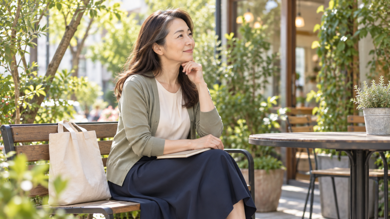 条件が整理でき、閉じたノートを手に落ち着いた表情の50代女性