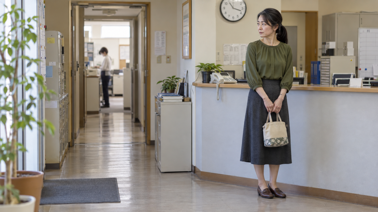 受付のそばで休憩の交代を待つ50代女性