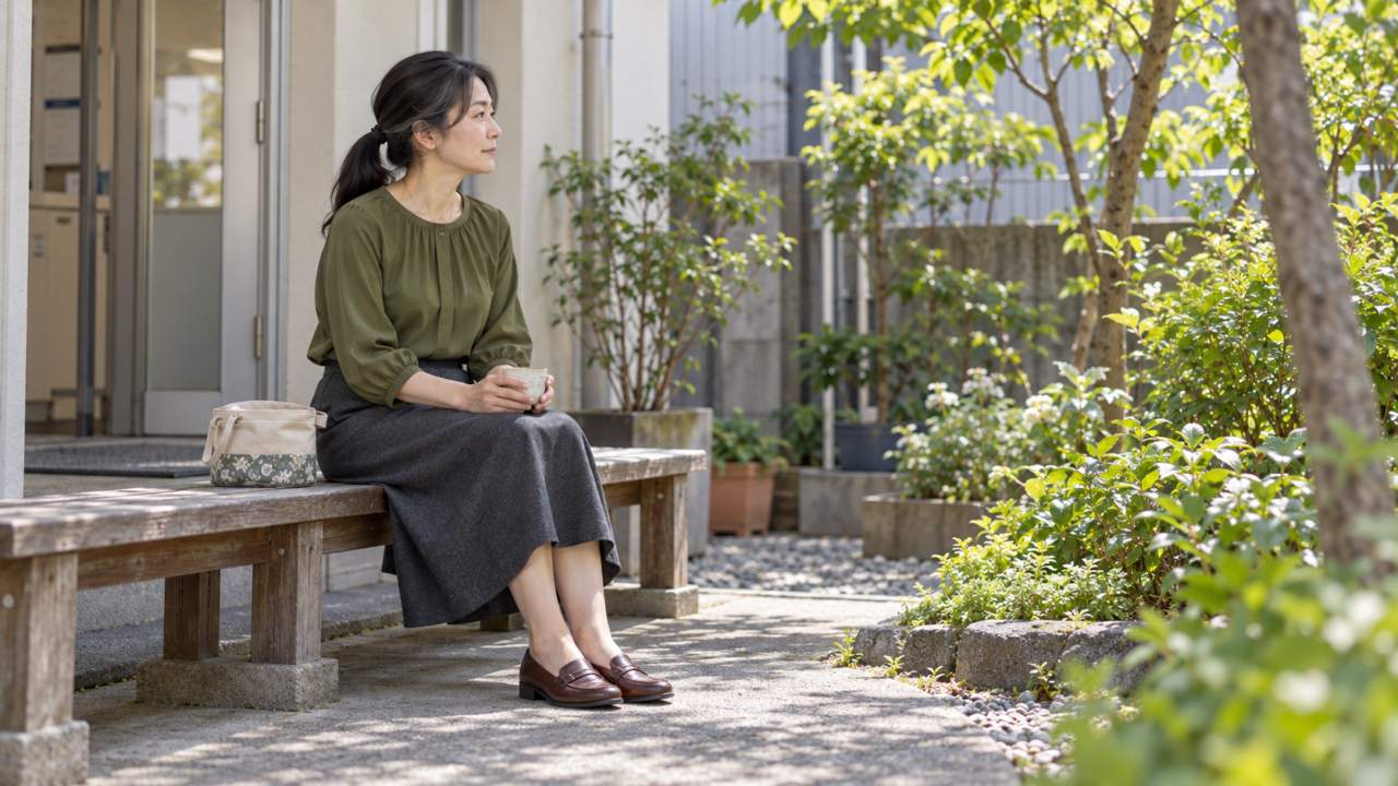 業務から離れ中庭で落ち着いて休憩する50代女性