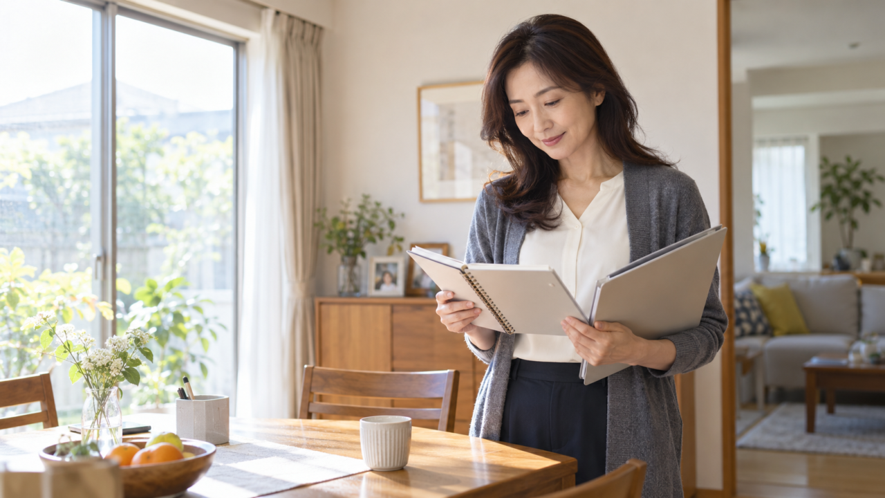 自宅で仕事と親の介護の予定を確認する50代女性