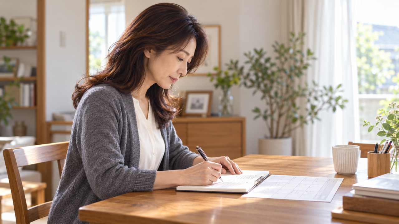 介護に必要な時間と仕事の予定をノートに整理する女性
