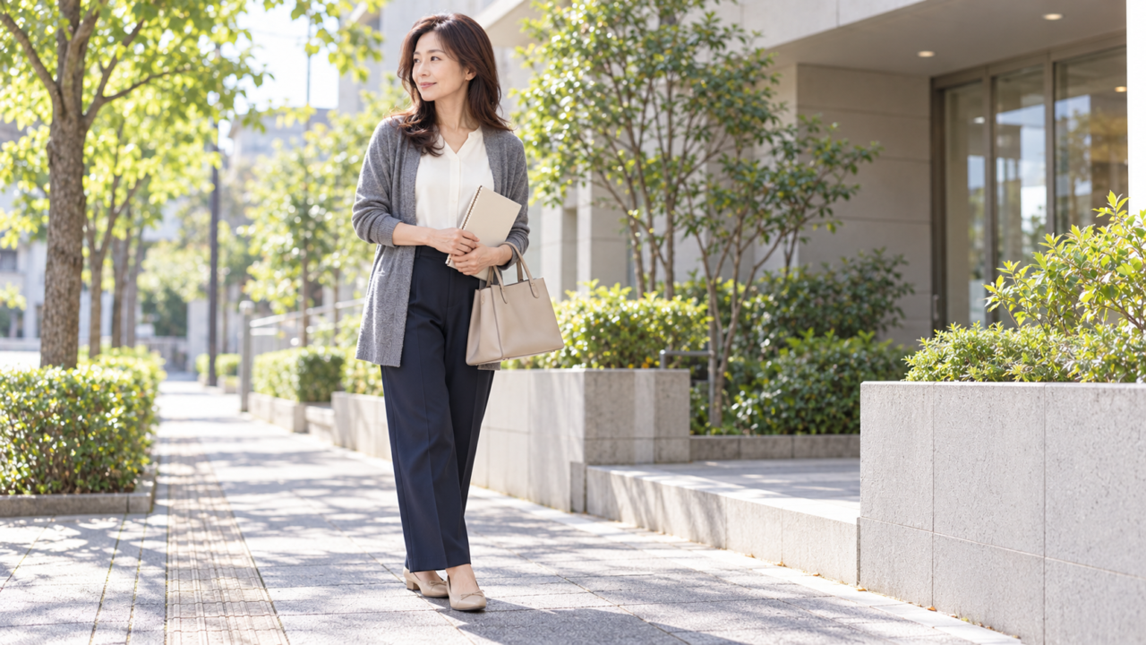 相談メモを持ち仕事と介護の調整に向かう落ち着いた女性