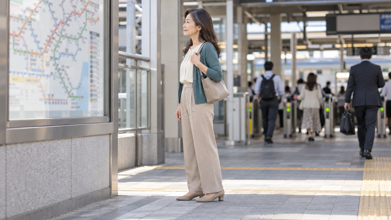 通勤条件を確かめる50代女性