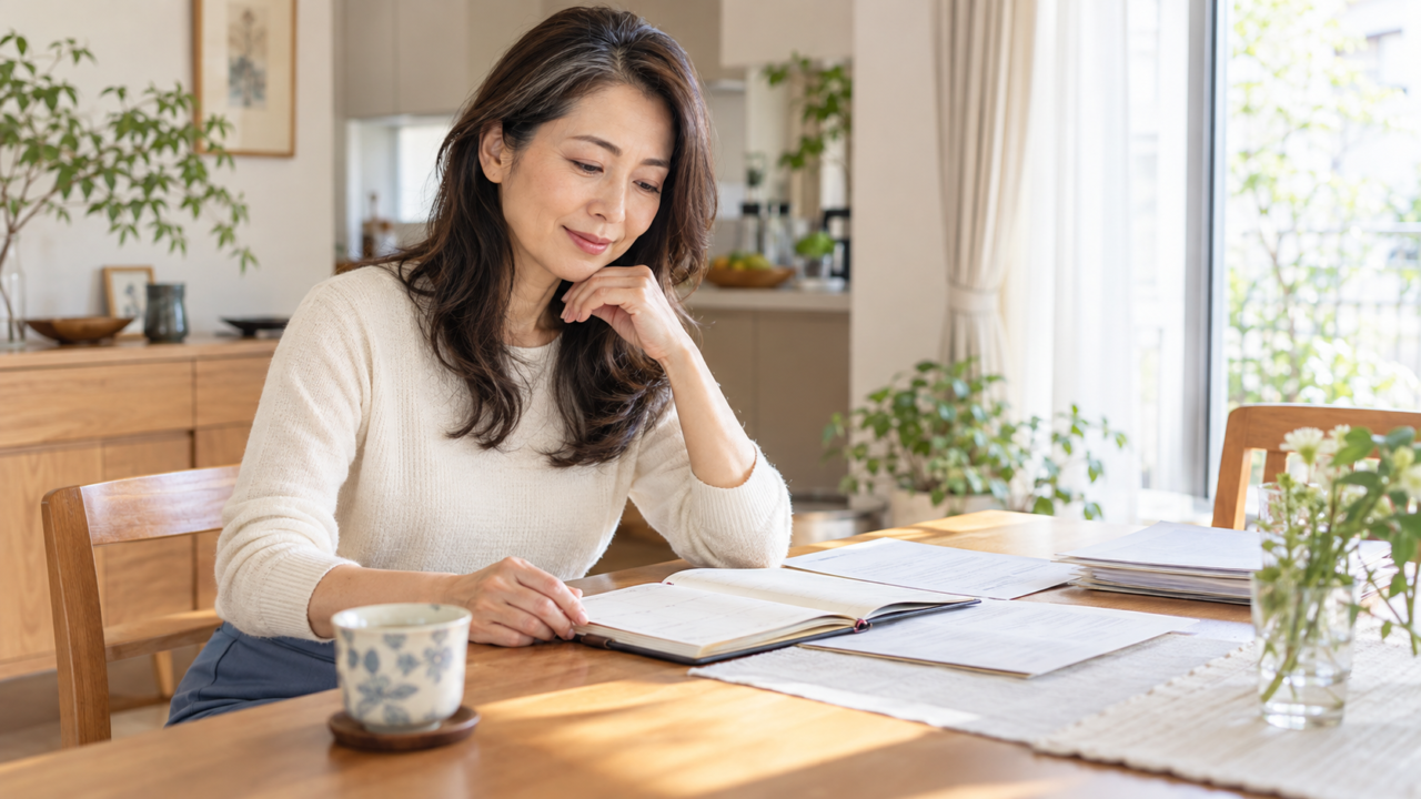 休暇の予定と書類を確認する50代女性