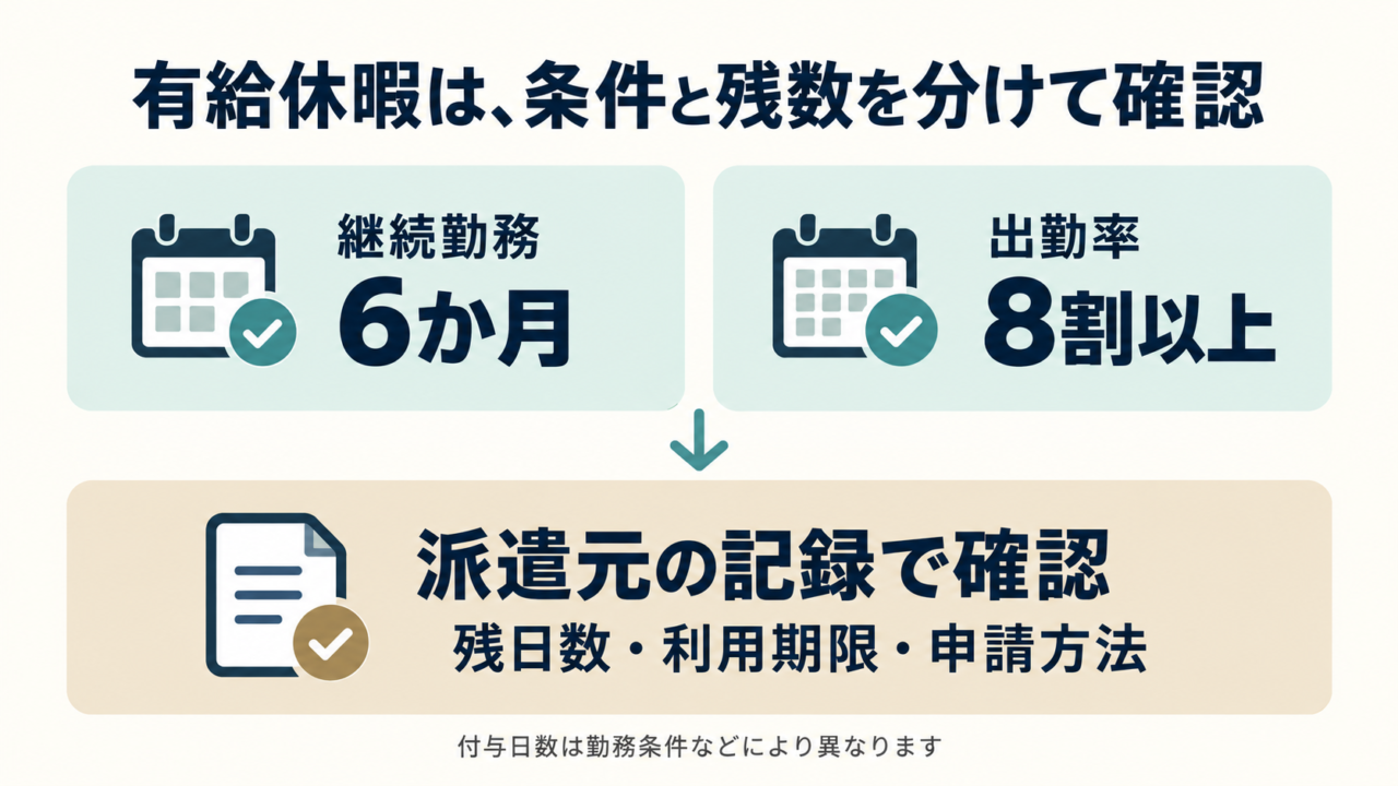 継続勤務と出勤率の条件を確認し、派遣元で残日数と期限を確かめる図