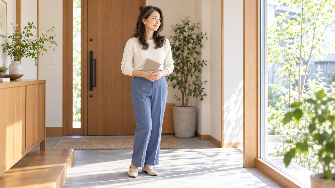 申請の準備を整え、予定帳を手に落ち着いて立つ50代女性