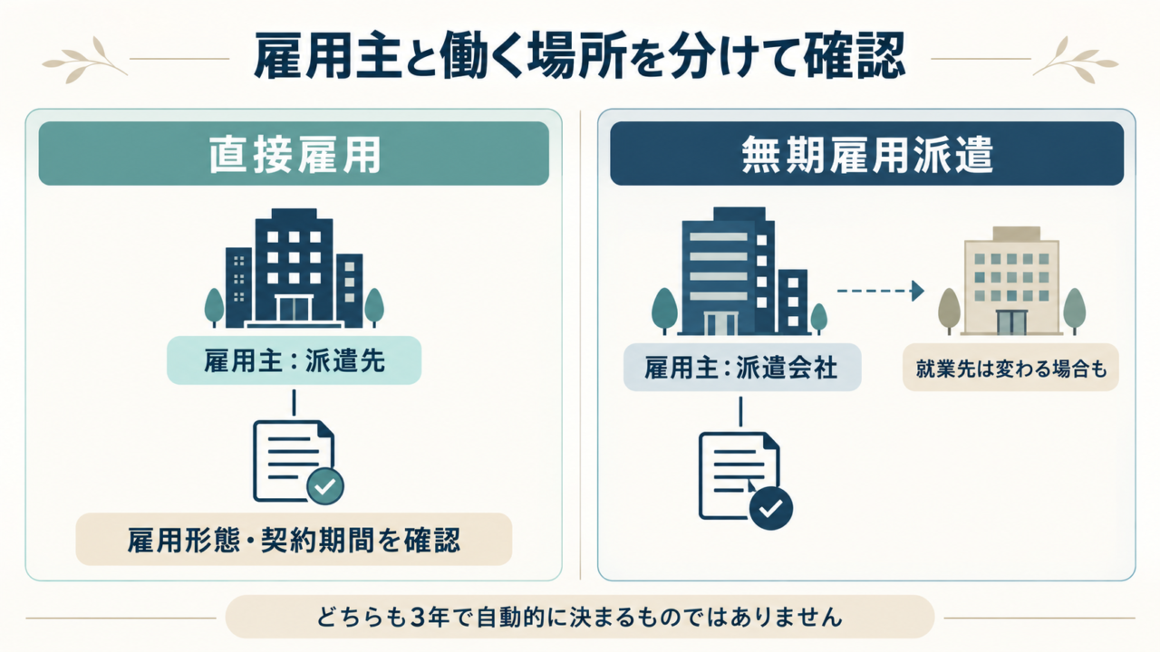 直接雇用と無期雇用派遣の雇用主と就業場所を比較した図