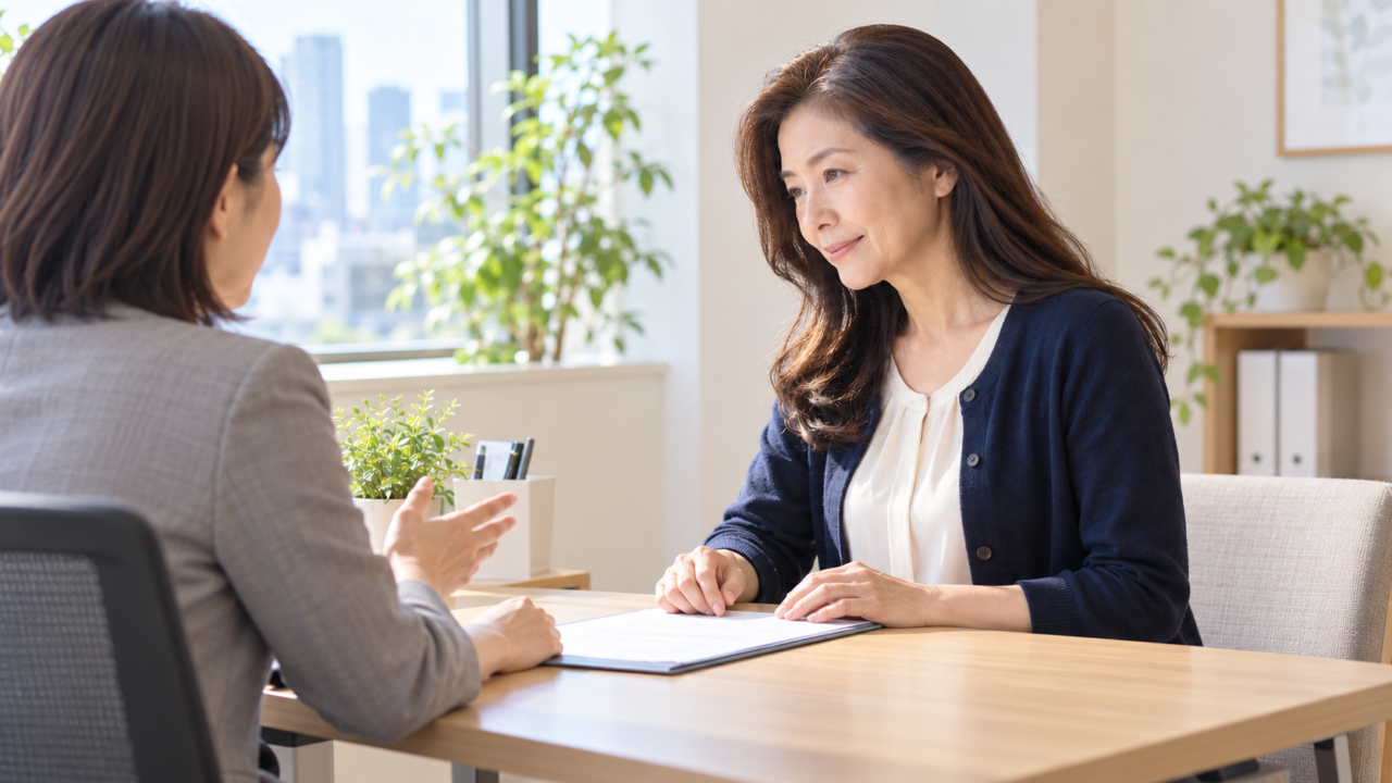 派遣会社の担当者と書類を見ながら相談する50代女性