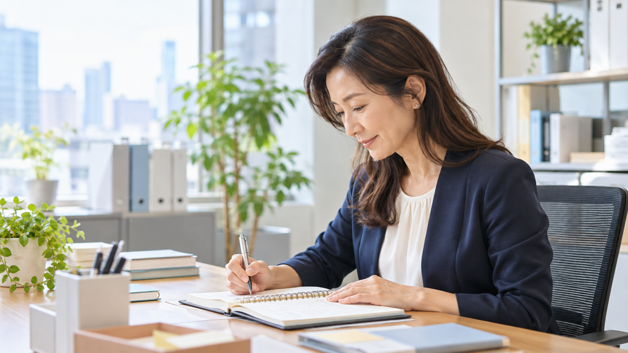 オフィスで手順メモを確認する50代女性
