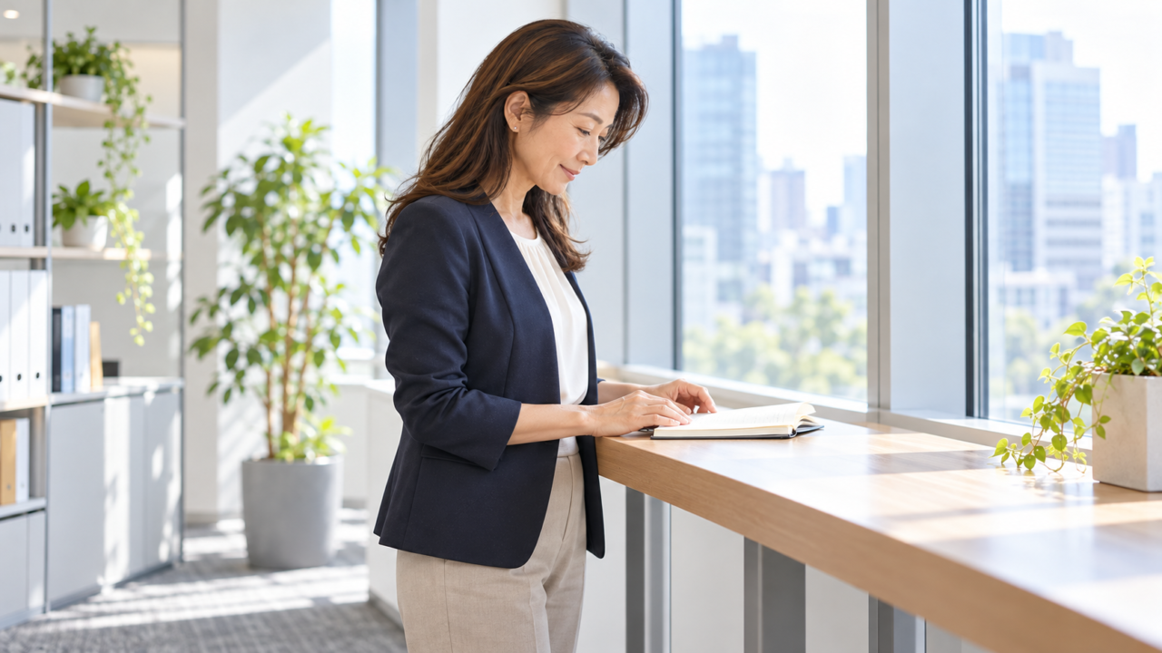 次に確認する作業をメモで確かめる50代女性