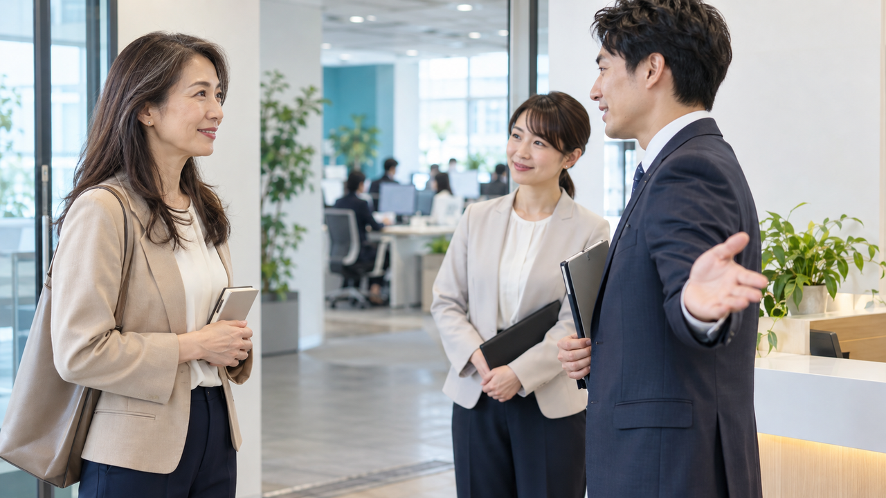 職場見学で担当者の案内を聞く50代女性