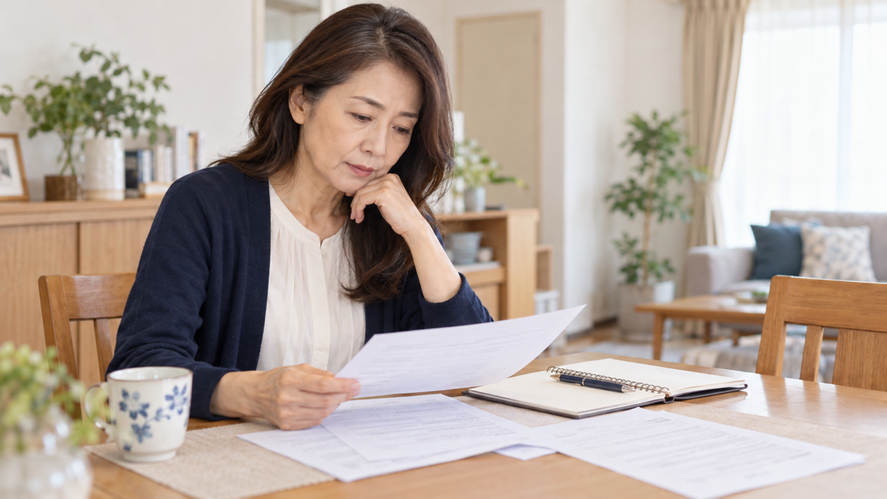 契約書類を手元に置いて更新の説明を確認する50代女性