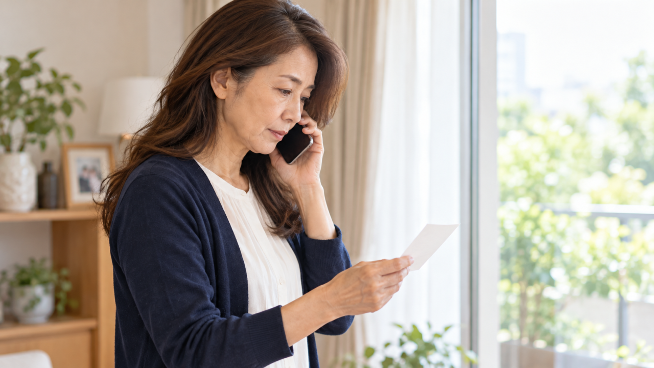 メモを確認しながら派遣会社の担当者へ電話する50代女性