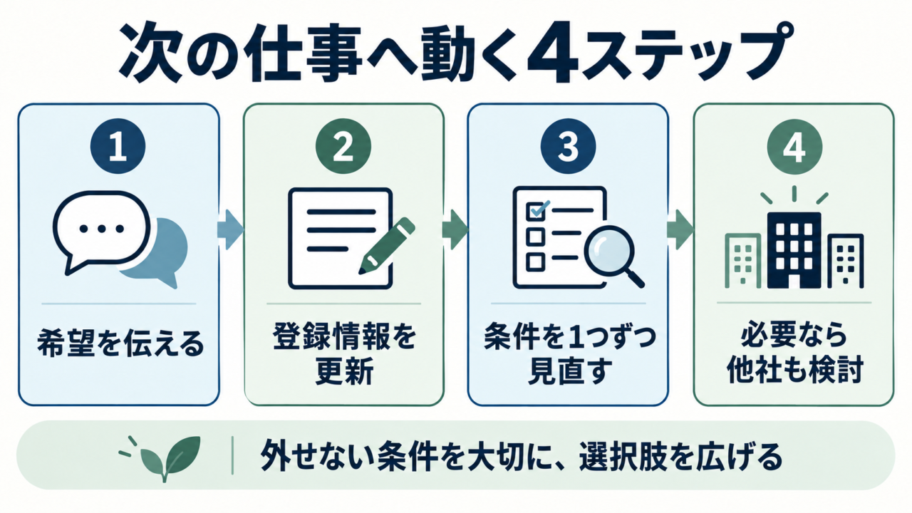 次の仕事へ動く4つのステップを示した図