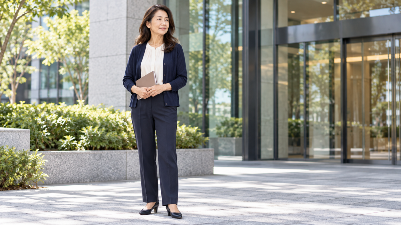 次の仕事への方針を整理したノートを持ち前向きに立つ50代女性