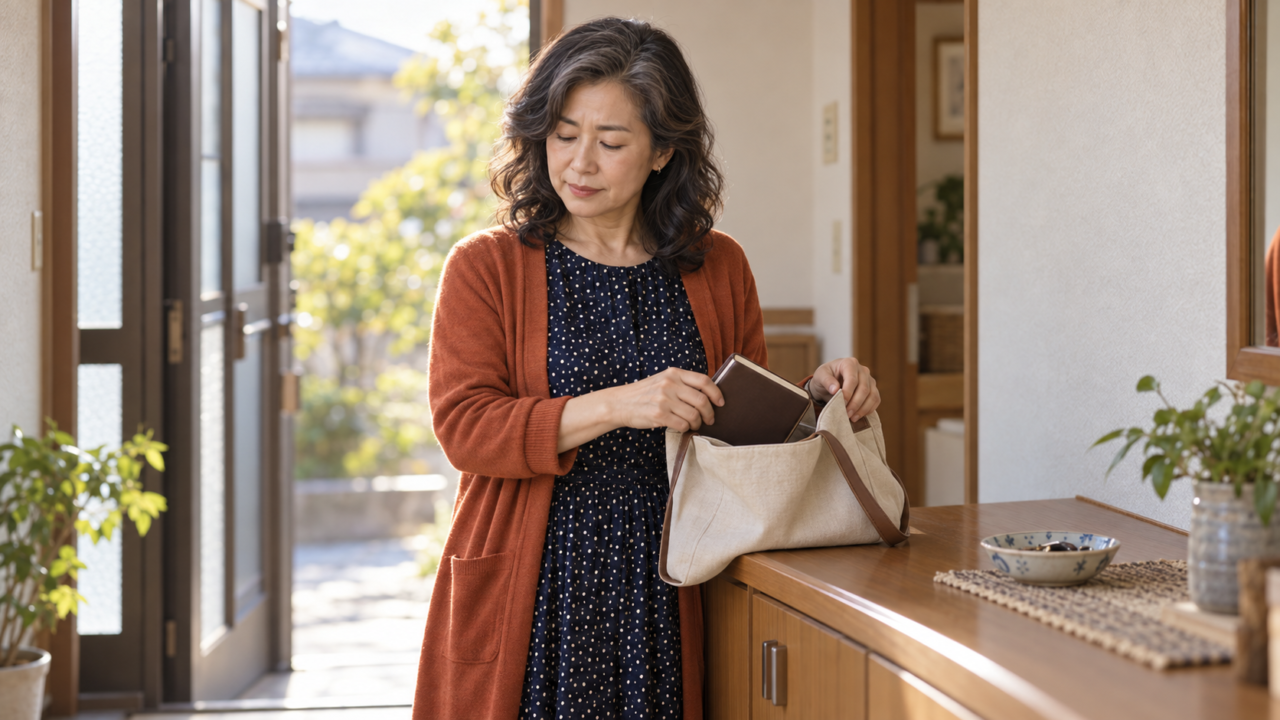 自宅の玄関で相談メモをバッグにしまい次の連絡へ備える50代女性