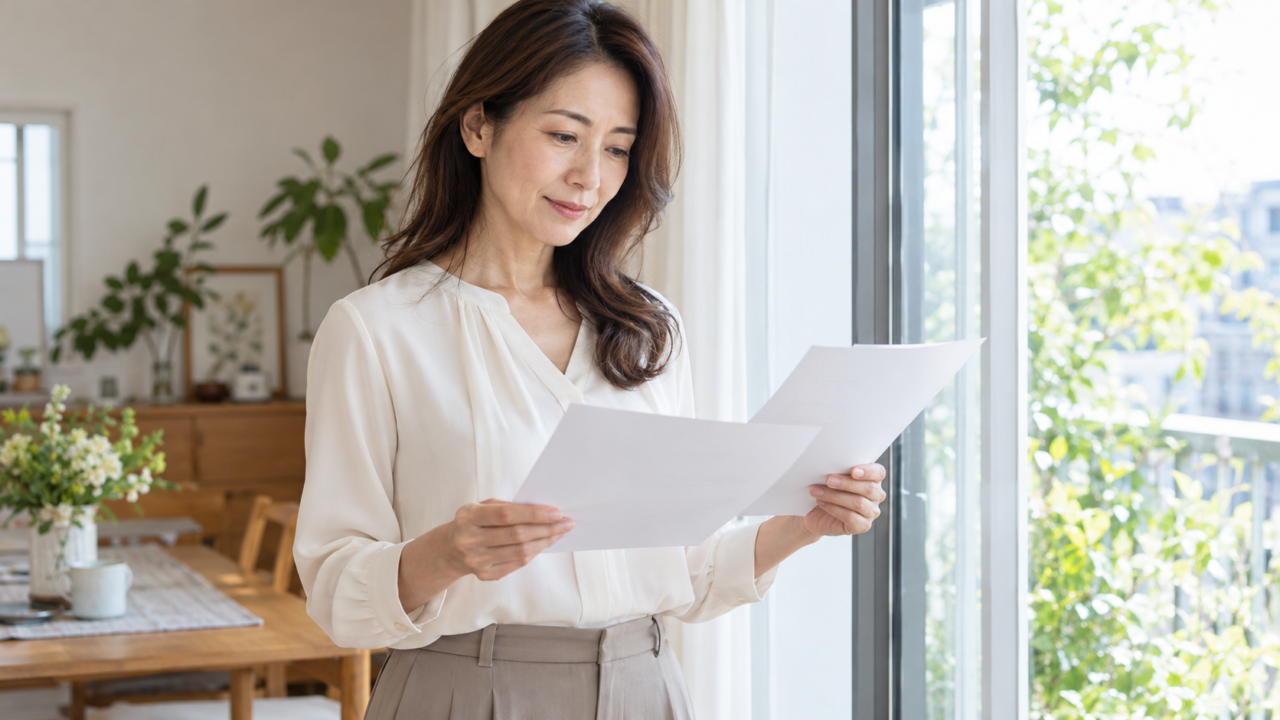 健康診断の案内と契約書を確認する50代女性