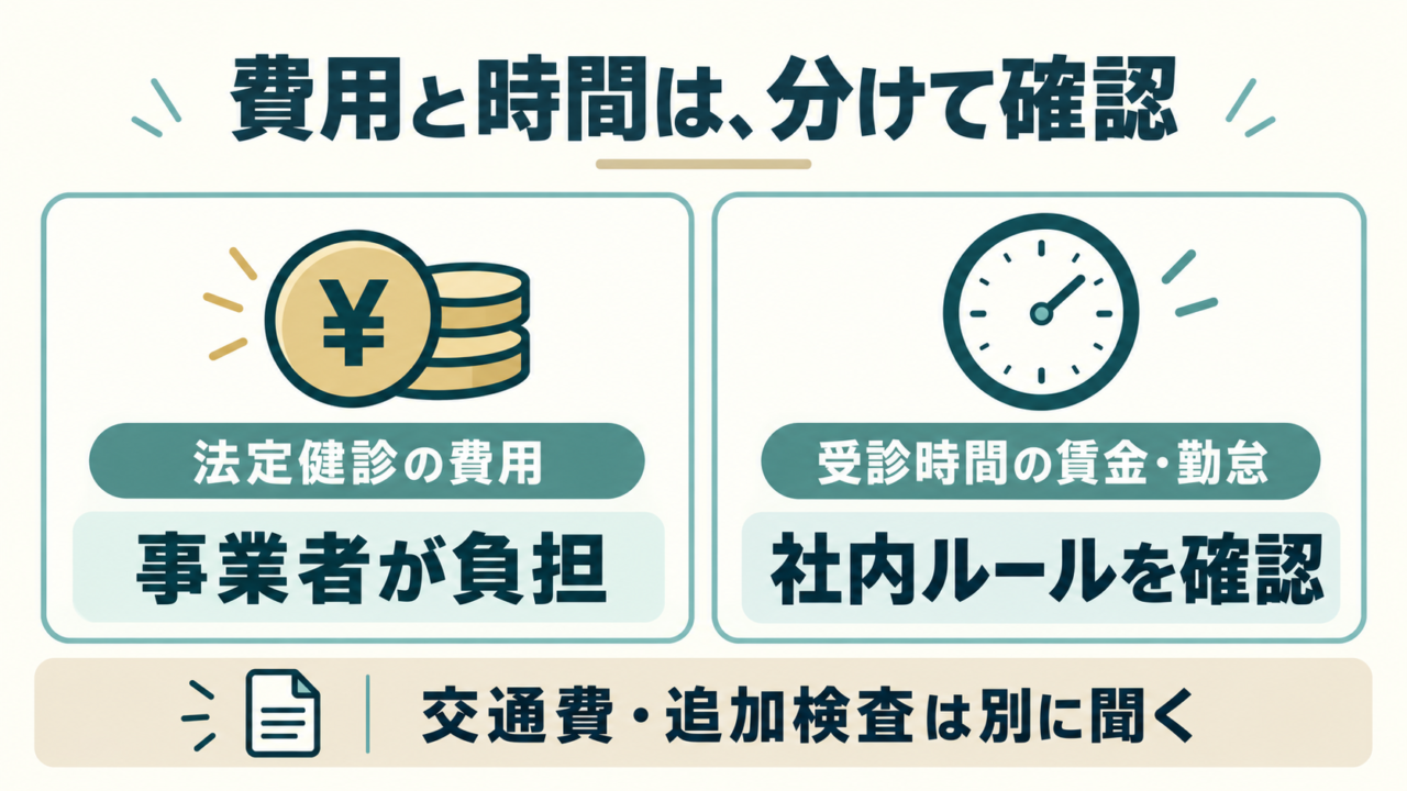 法定健診の費用負担と受診時間の勤怠を分けて確認する図