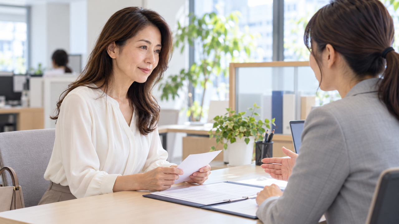 契約情報と受診歴のメモを手に派遣元担当者へ相談する女性
