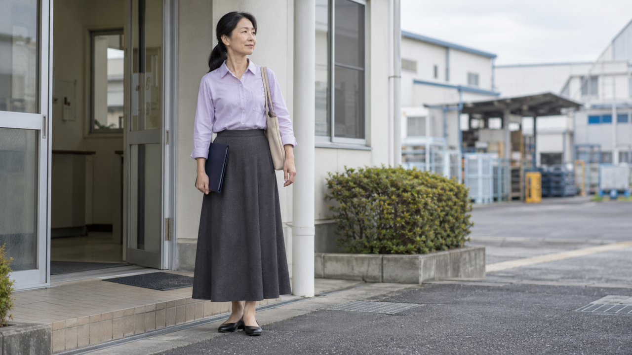 雇用の継続を考え職場の入口に立つ50代女性