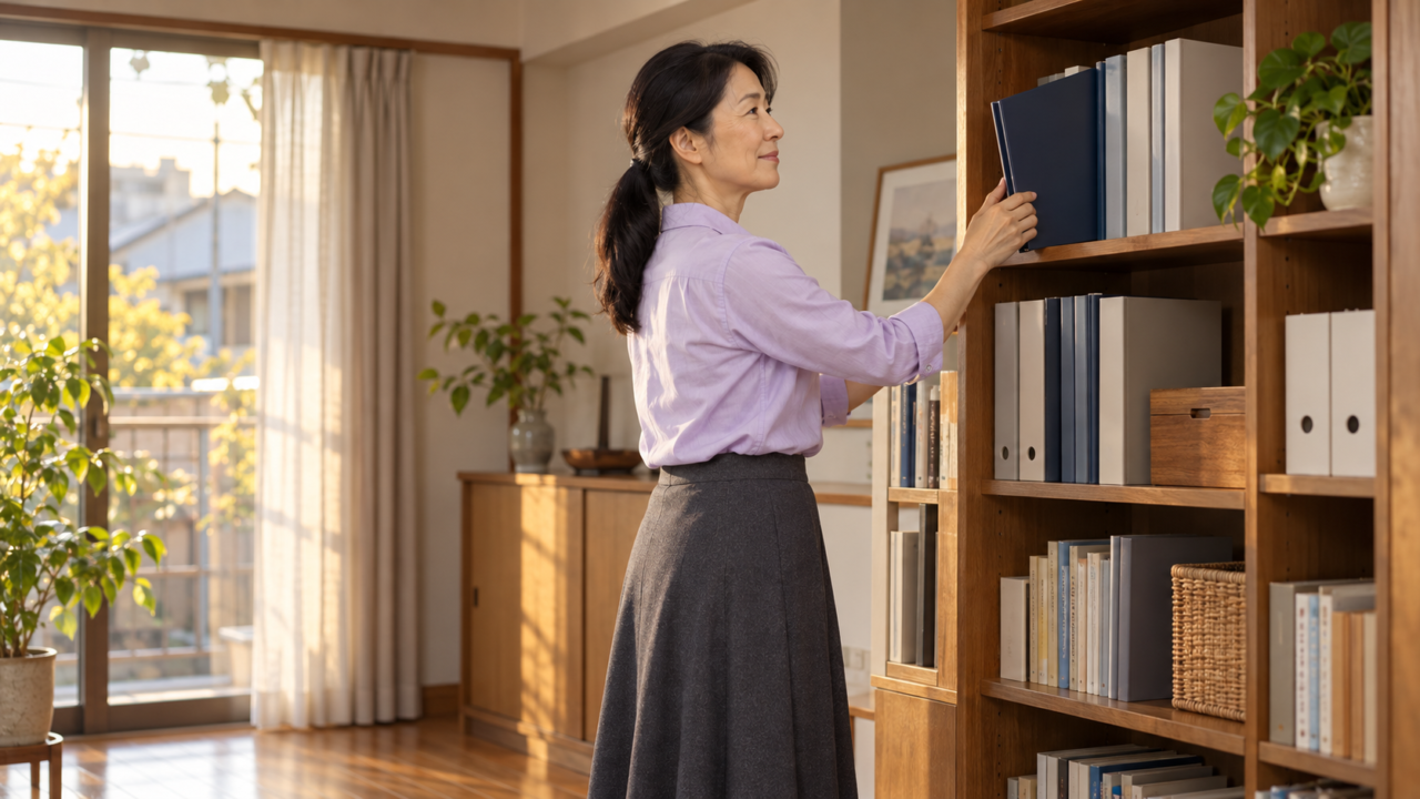 契約履歴を整理したファイルを棚にしまう50代女性