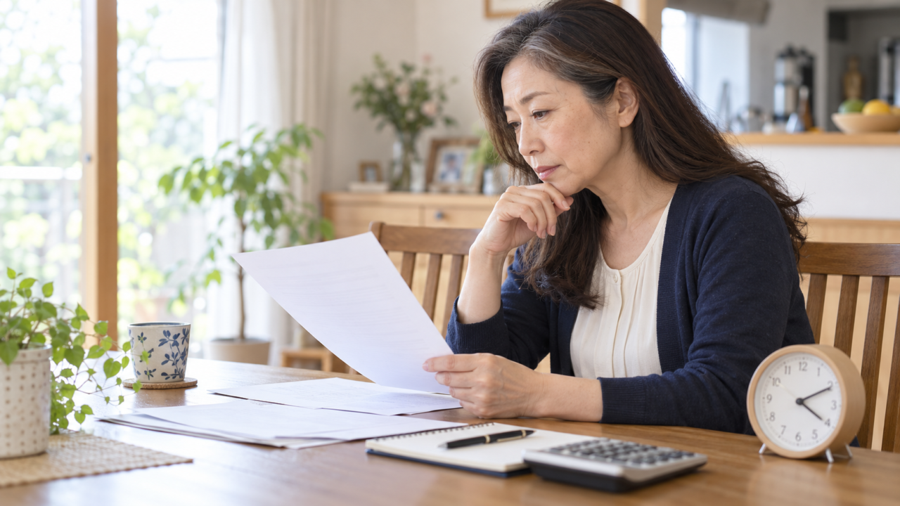 残業の条件を書類で確認する50代女性