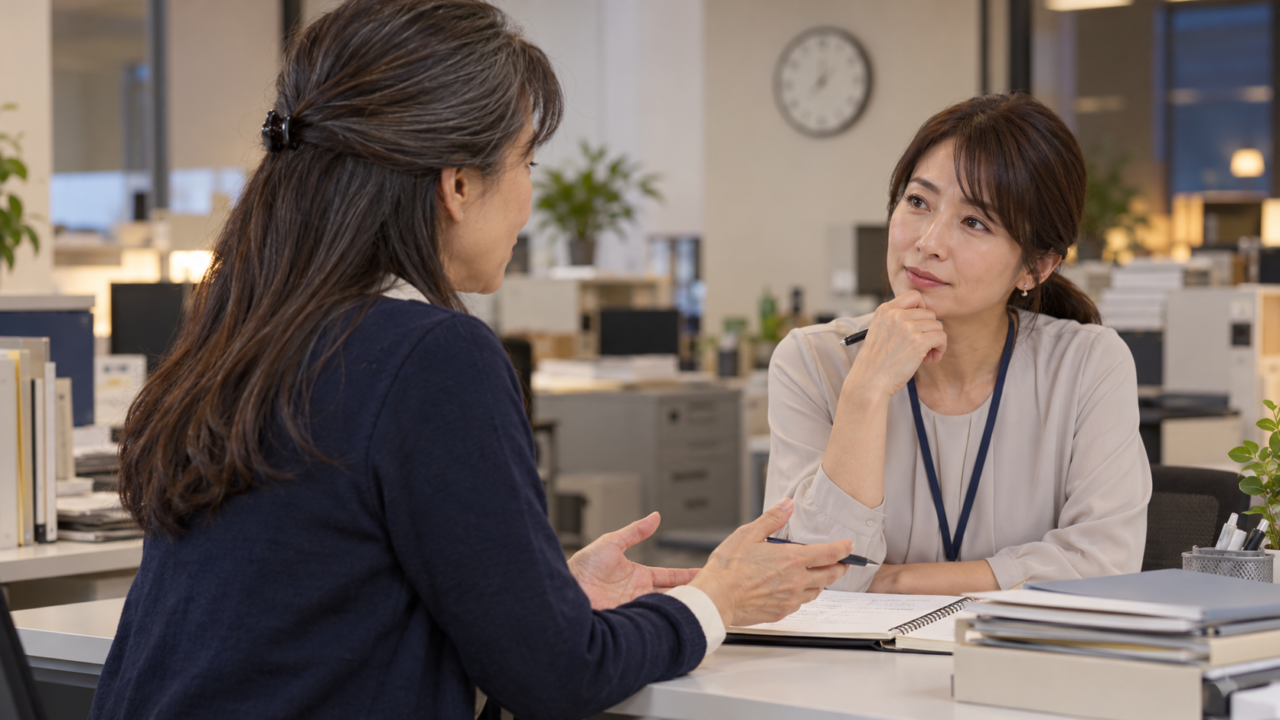 終了時刻と作業の引き継ぎを同僚へ相談する50代女性