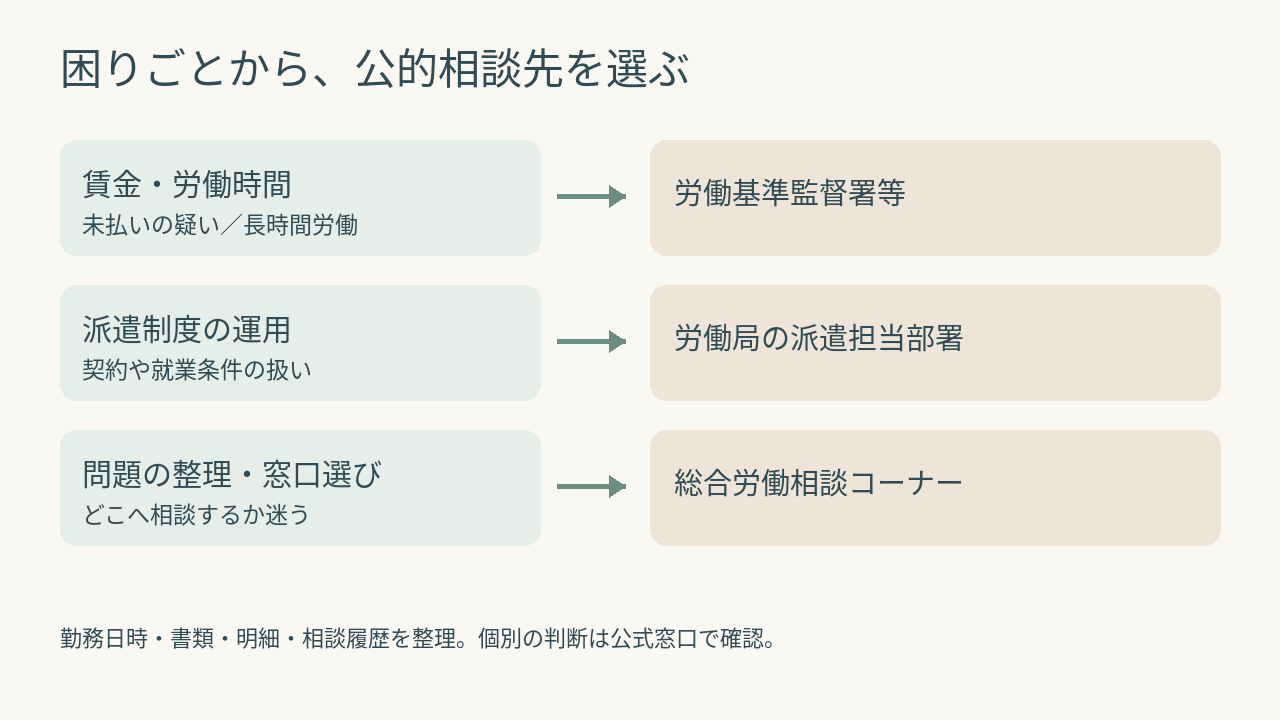 困りごとの種類に合わせて公的相談先を選ぶ図