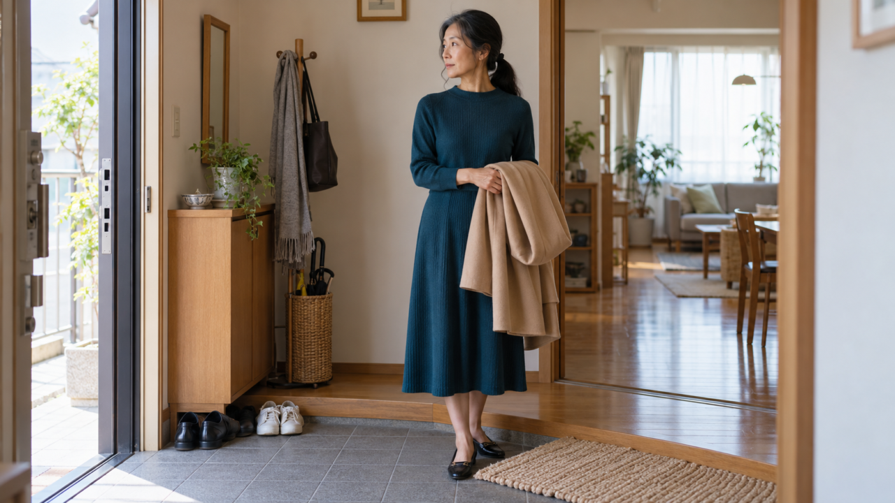 自宅の玄関で退職について考える50代女性