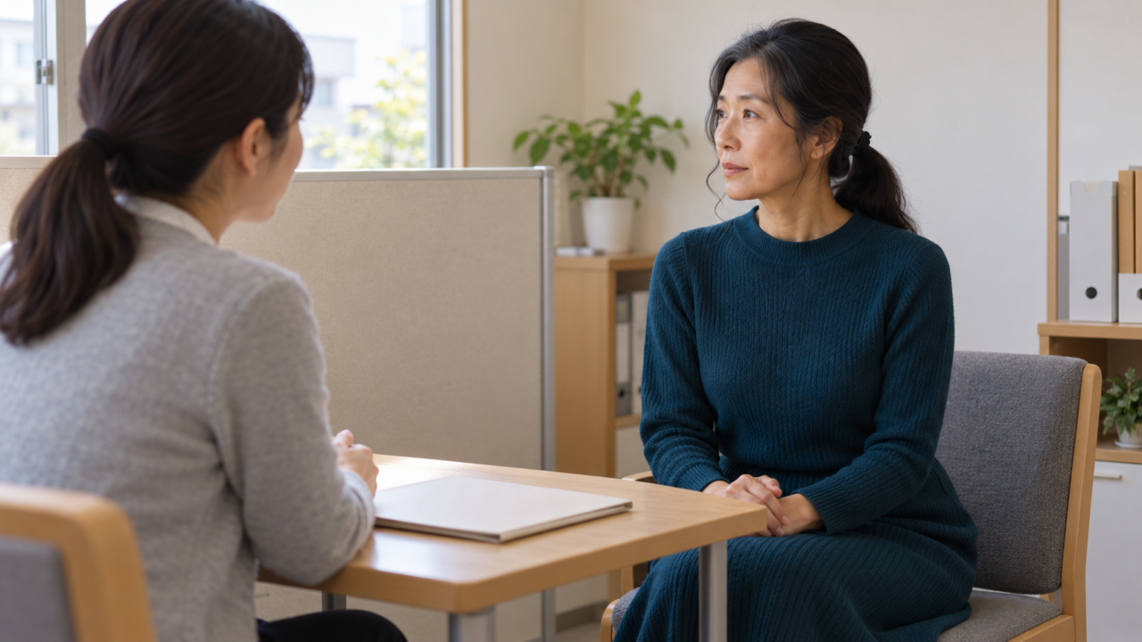 派遣元の担当者に退職の希望と日程を相談する50代女性