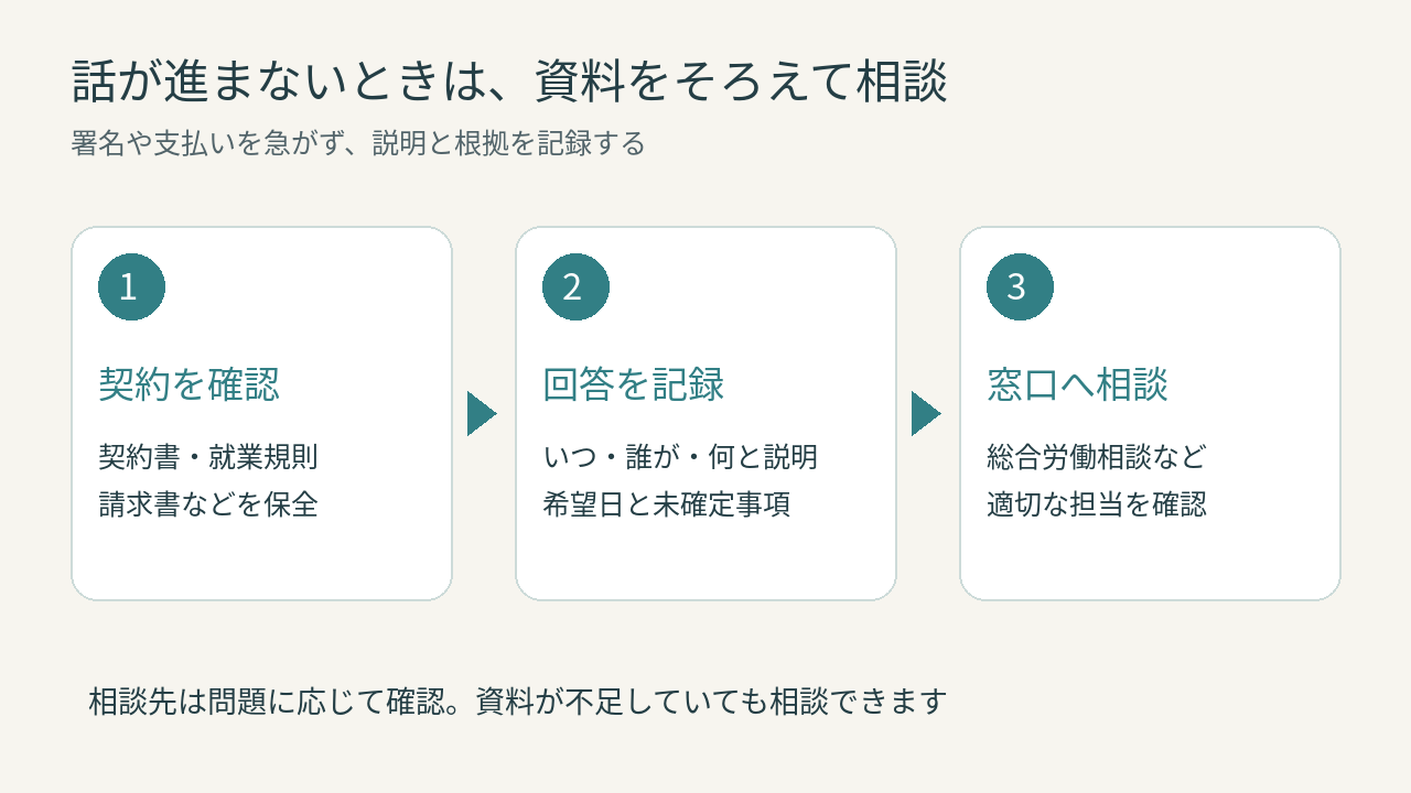 契約書と回答記録をそろえて公的窓口へ相談する手順