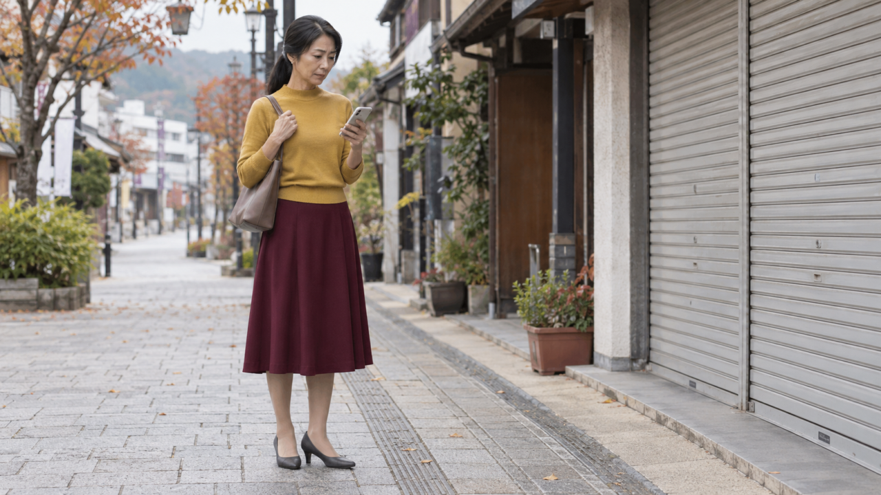 急な休業の連絡を職場近くで確認する50代女性