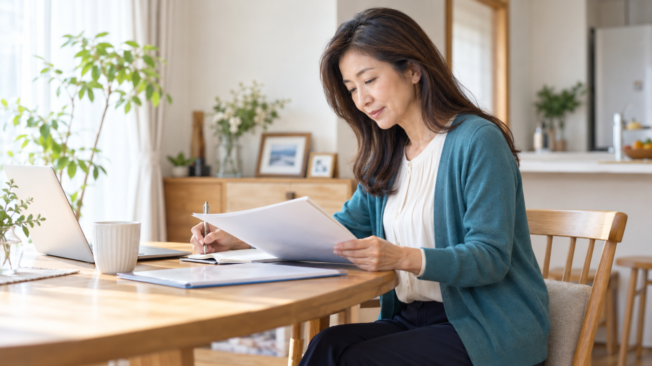自宅で雇用契約の書類を確認する50代女性