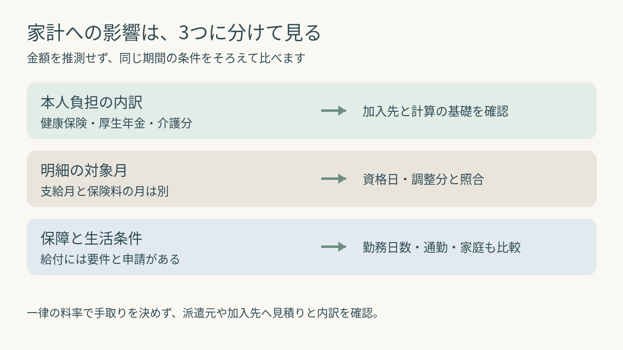 保険料の内訳と対象月、保障と働き方を分けて確認する図