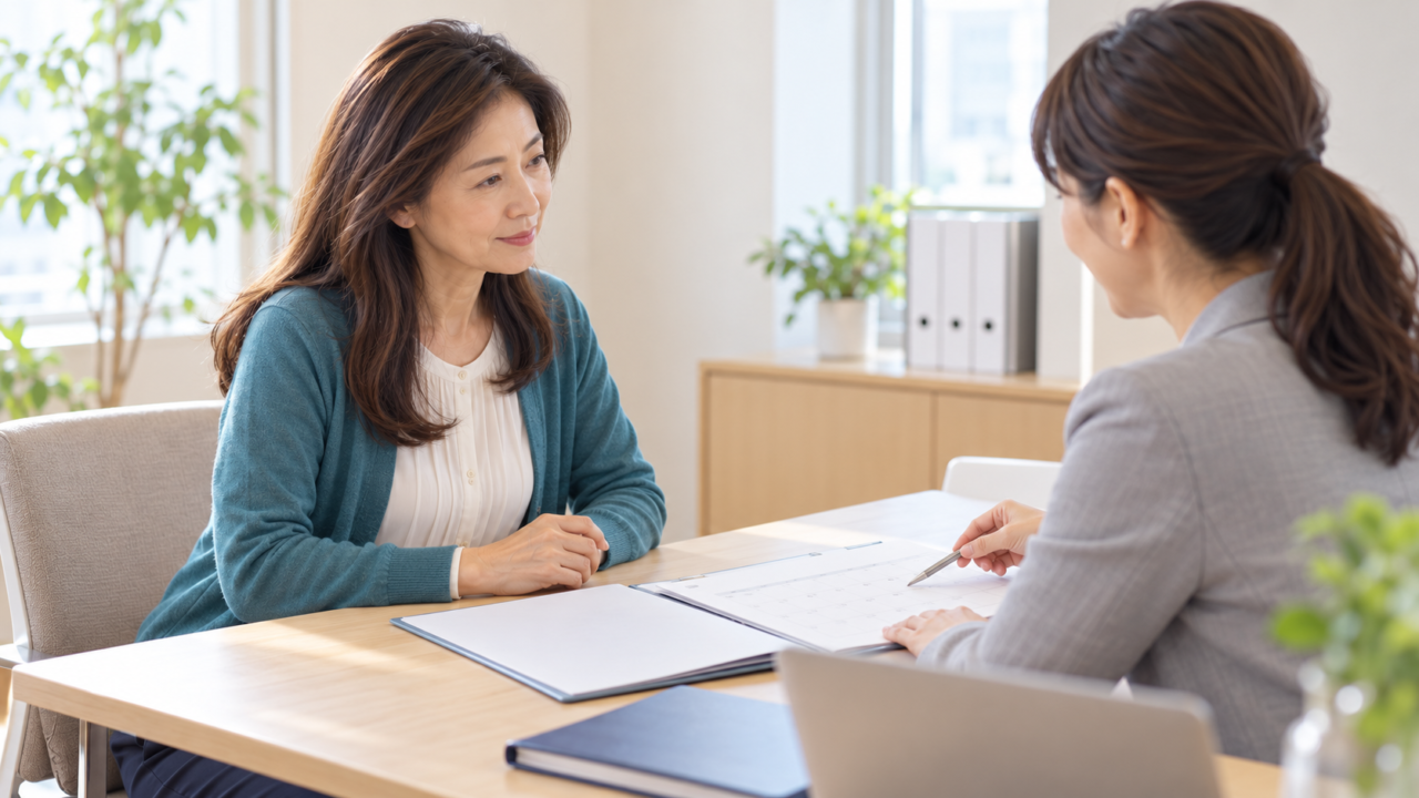 派遣元の担当者に契約変更時の保険手続きを相談する50代女性