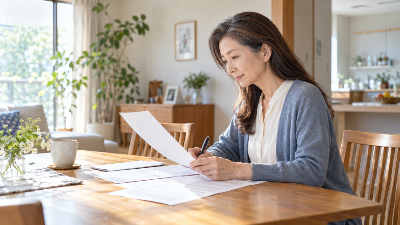 自宅で雇用契約と離職の書類を整理する50代女性