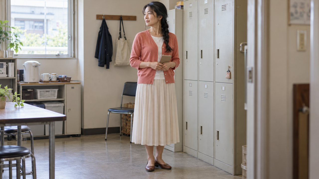 職場の休憩スペースで仕事の評価について考える50代女性